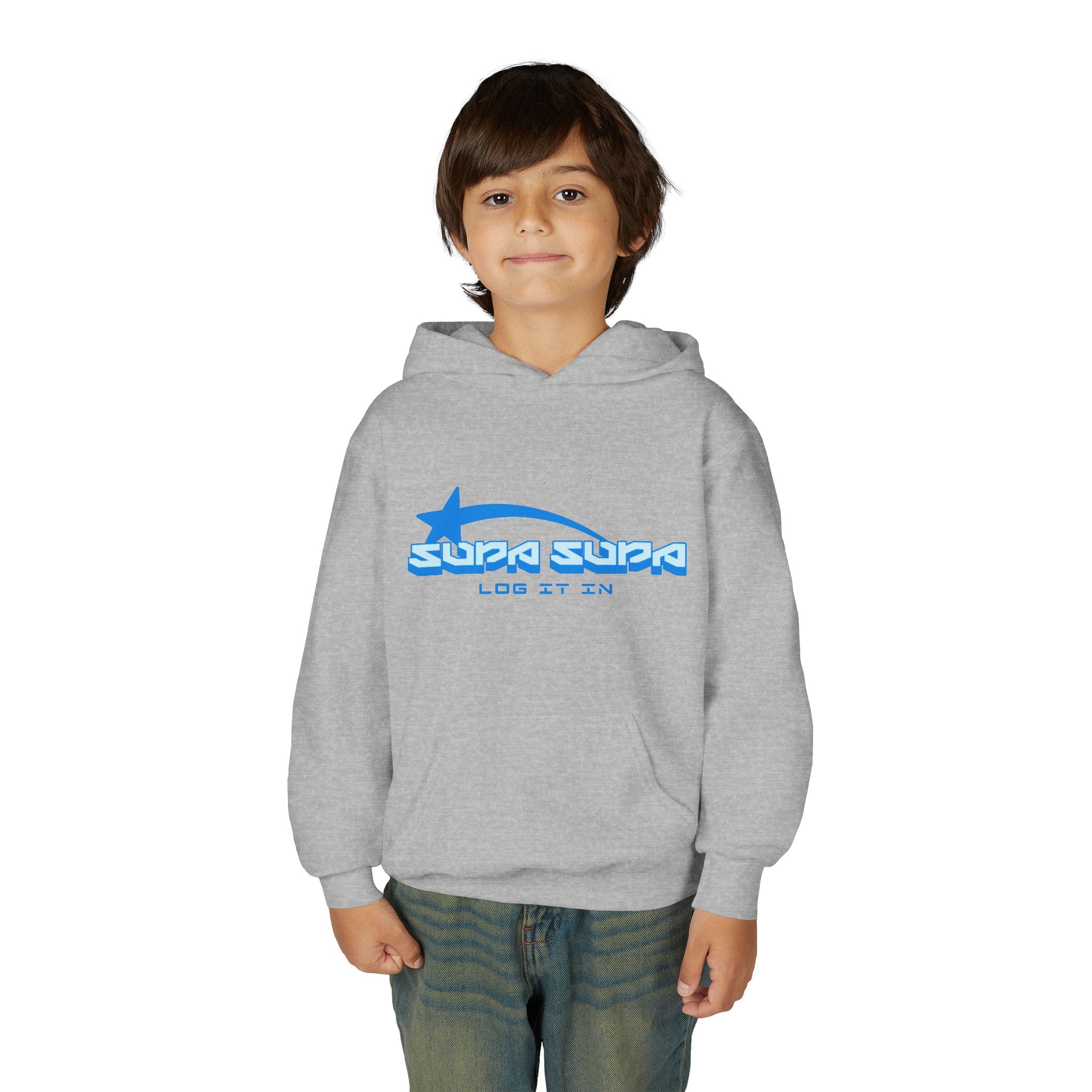 Youth Hoodie - Retro Blue "Supa Supa" Logo "Log It In" Graphic