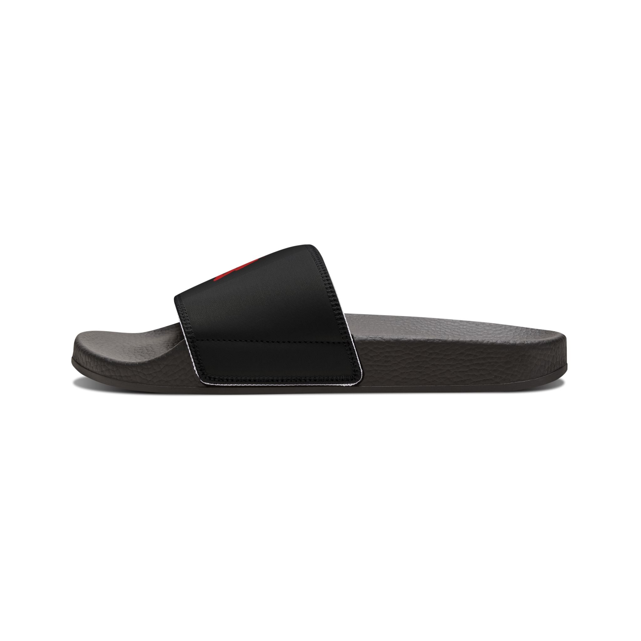 Slide Sandals — Black Strap with Red Graffiti "SUPA SUPA" Design