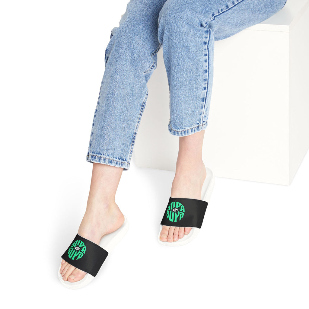 Slide Sandals — Supa Supa Removable‑Strap Slides with Aqua Circular 'Slides' Graphic