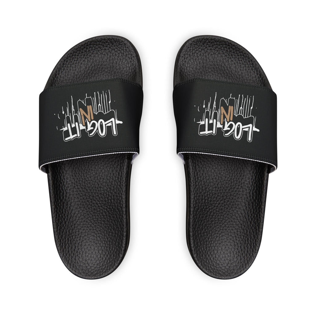 Men's Slide Sandals — Black Log it in-Print Casual Pool & Beach Slides