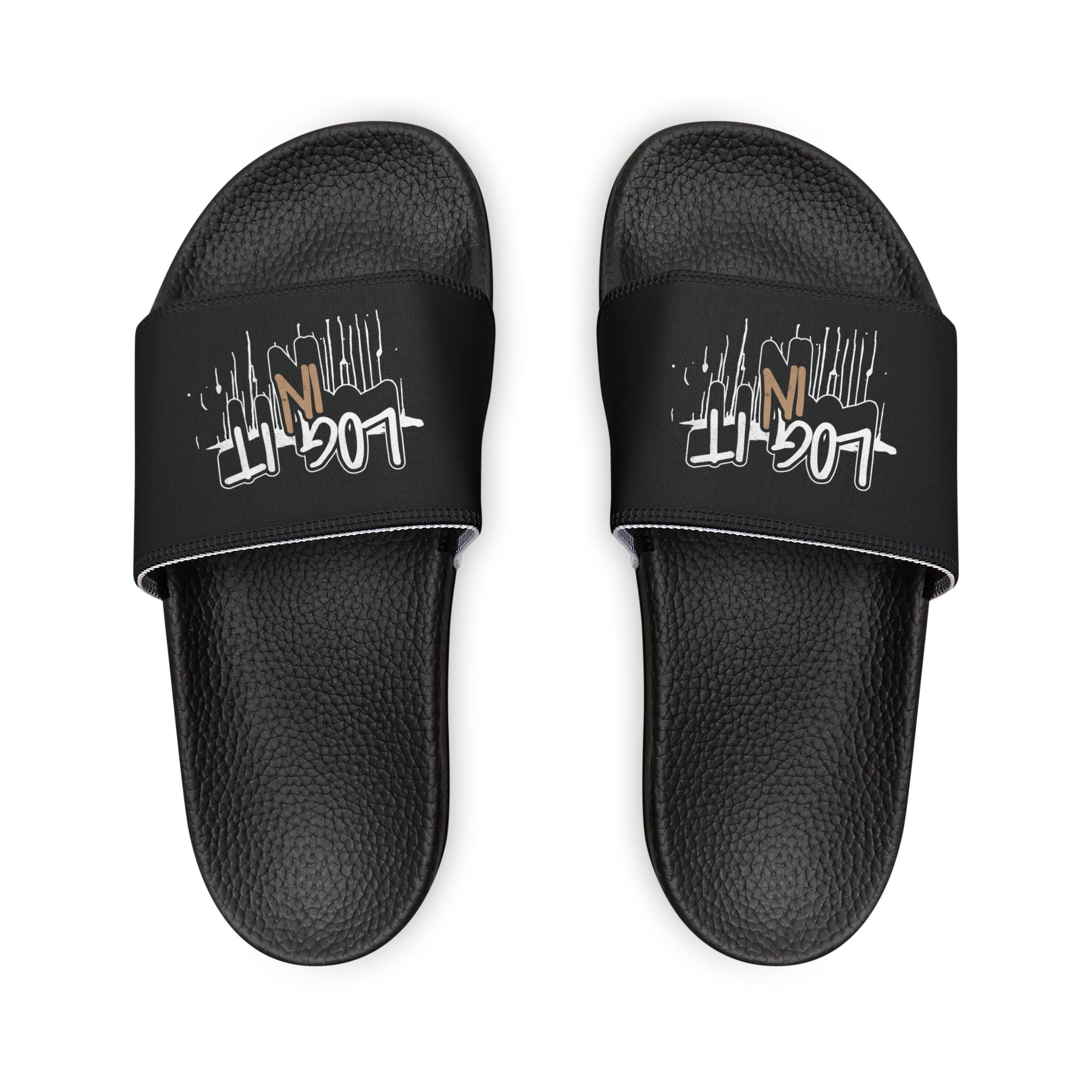 Men's Slide Sandals — Black Log it in-Print Casual Pool & Beach Slides