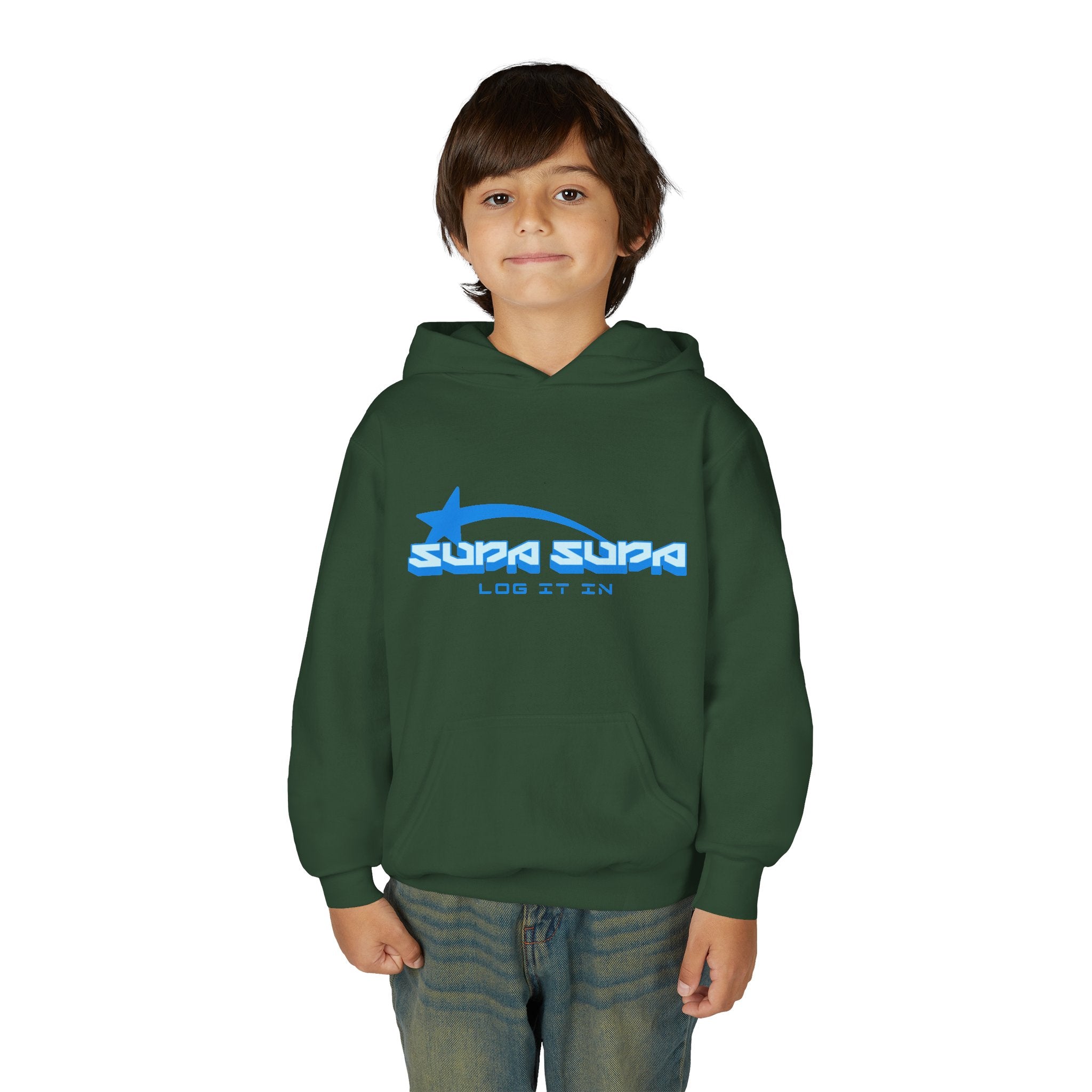 Youth Hoodie - Retro Blue "Supa Supa" Logo "Log It In" Graphic
