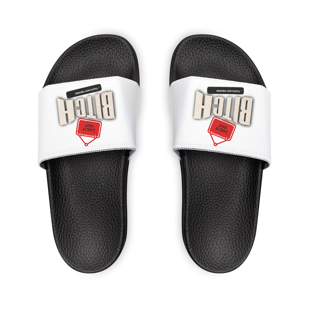 Women’s Slide Sandals — Removable-Strap White Slides with 'Log it out' Badge Accent