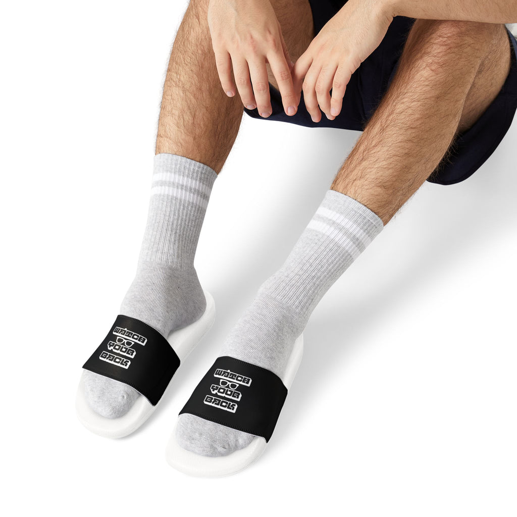 Mens Slide Sandals — Black Strap Slides with Retro "Watch your back" Logo