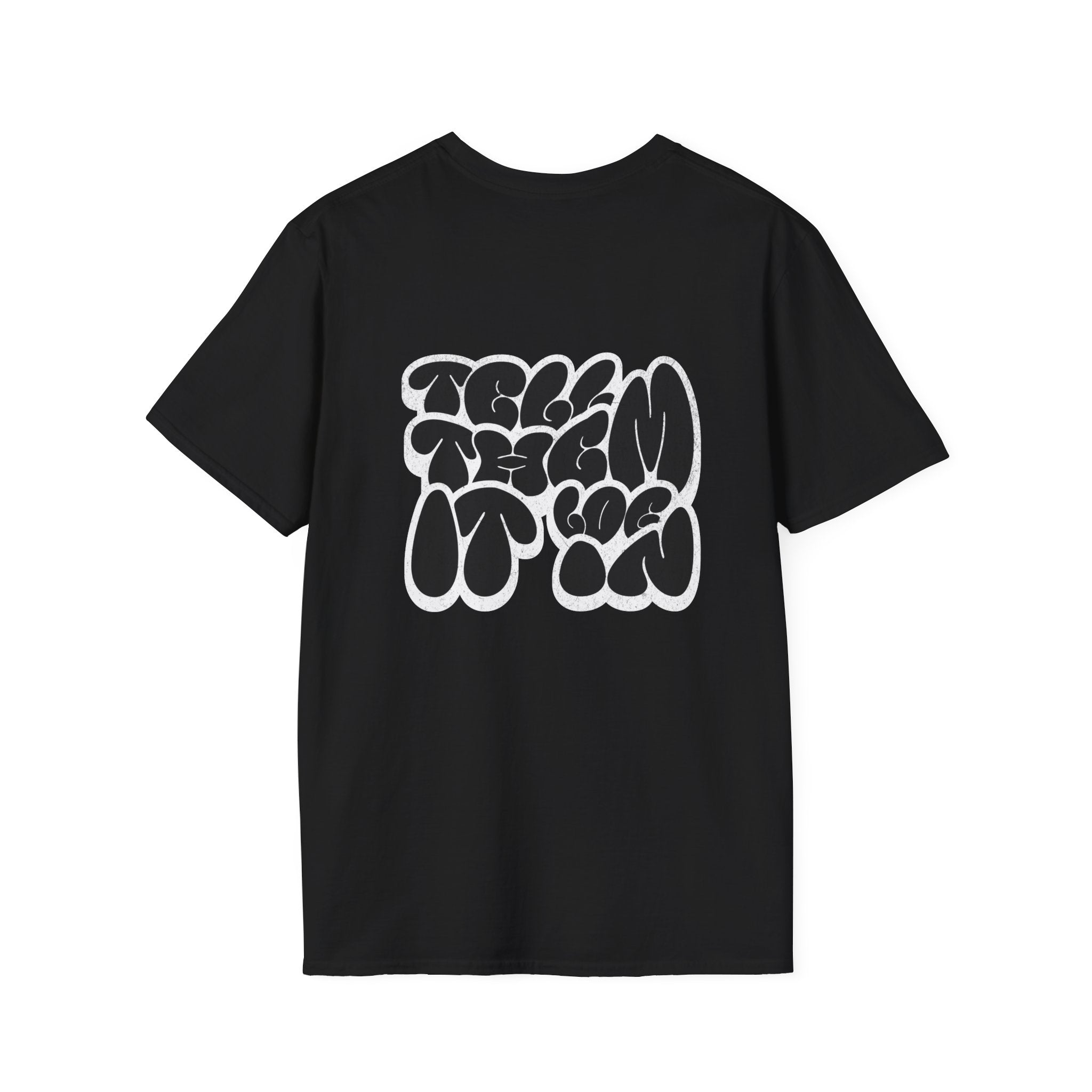 Abstract Bubble Letter Graphic "LOG IT IN" T-Shirt — Vintage Black Text Design