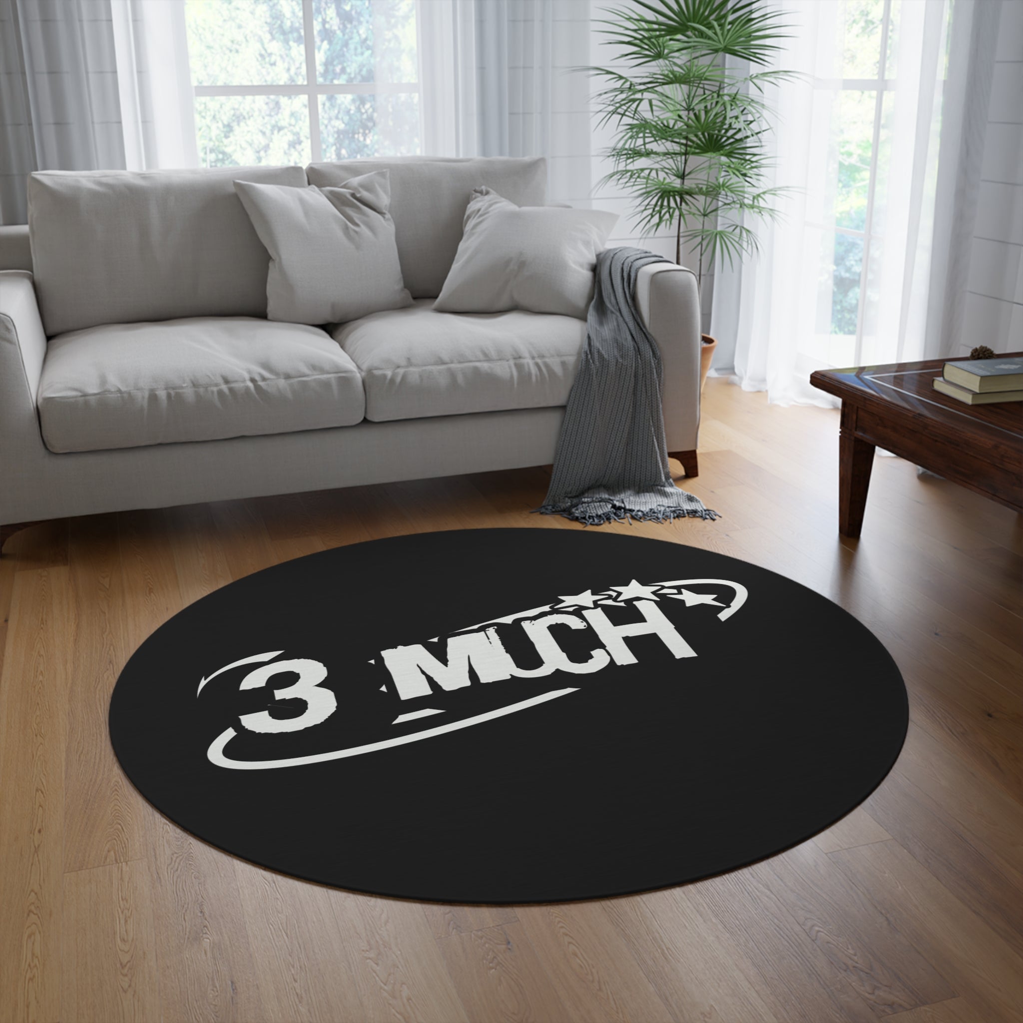 Round Rug — '3 MUCH' Retro Swirl Logo Floor Mat