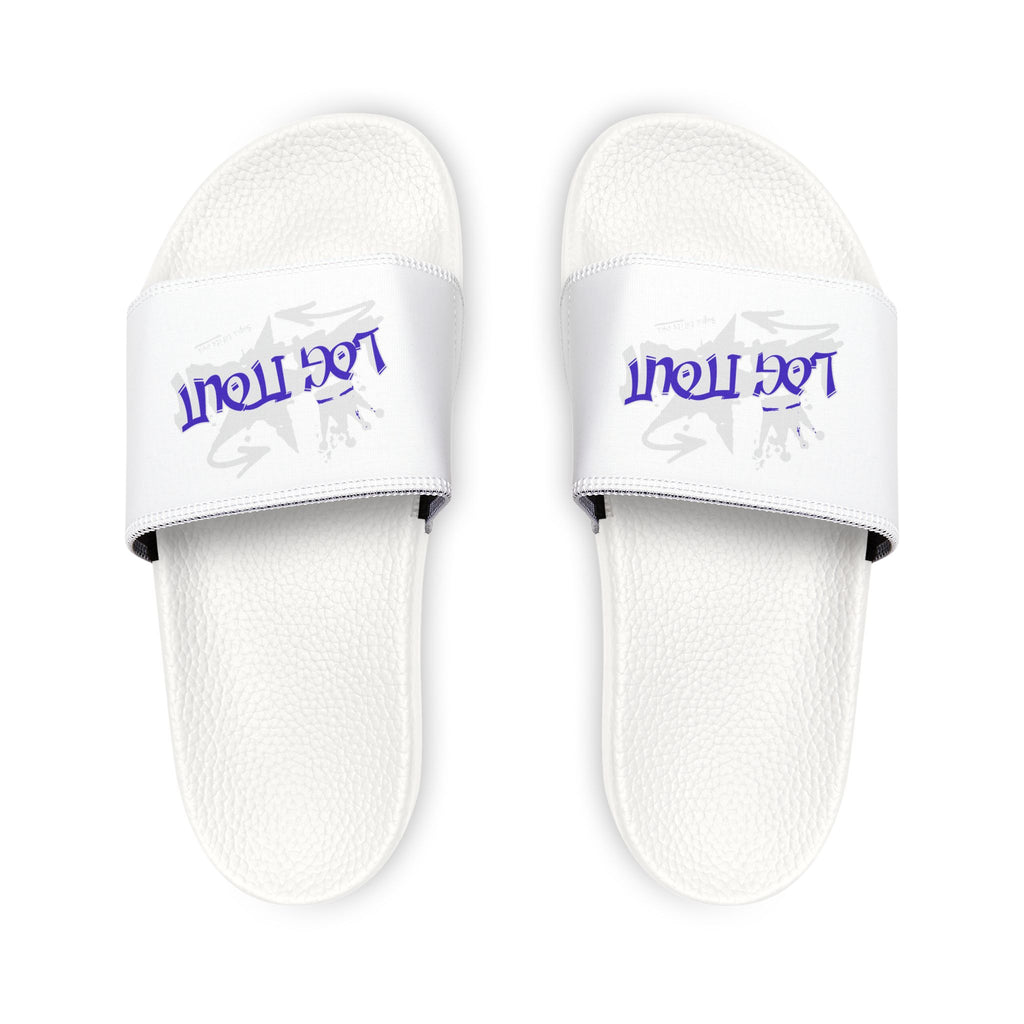 Men's Slide Sandals — White Removable-Strap Slides with 'Log it out' Graphic