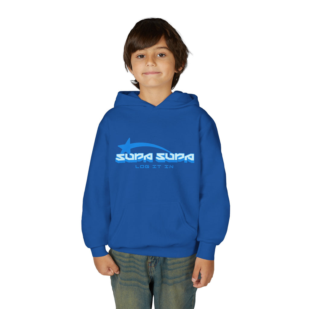 Youth Hoodie - Retro Blue "Supa Supa" Logo "Log It In" Graphic