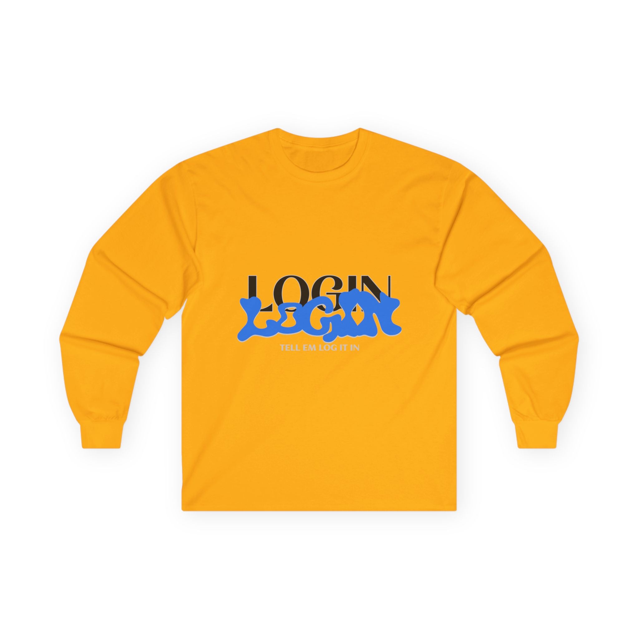 Long Sleeve Tee — "Login" Blue Script Graphic