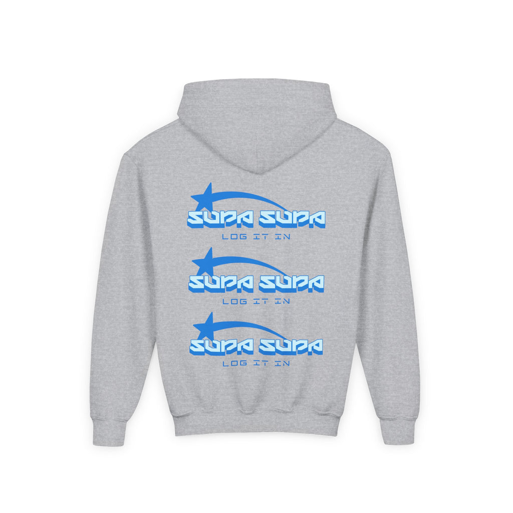Youth Hoodie - Retro Blue "Supa Supa" Logo "Log It In" Graphic