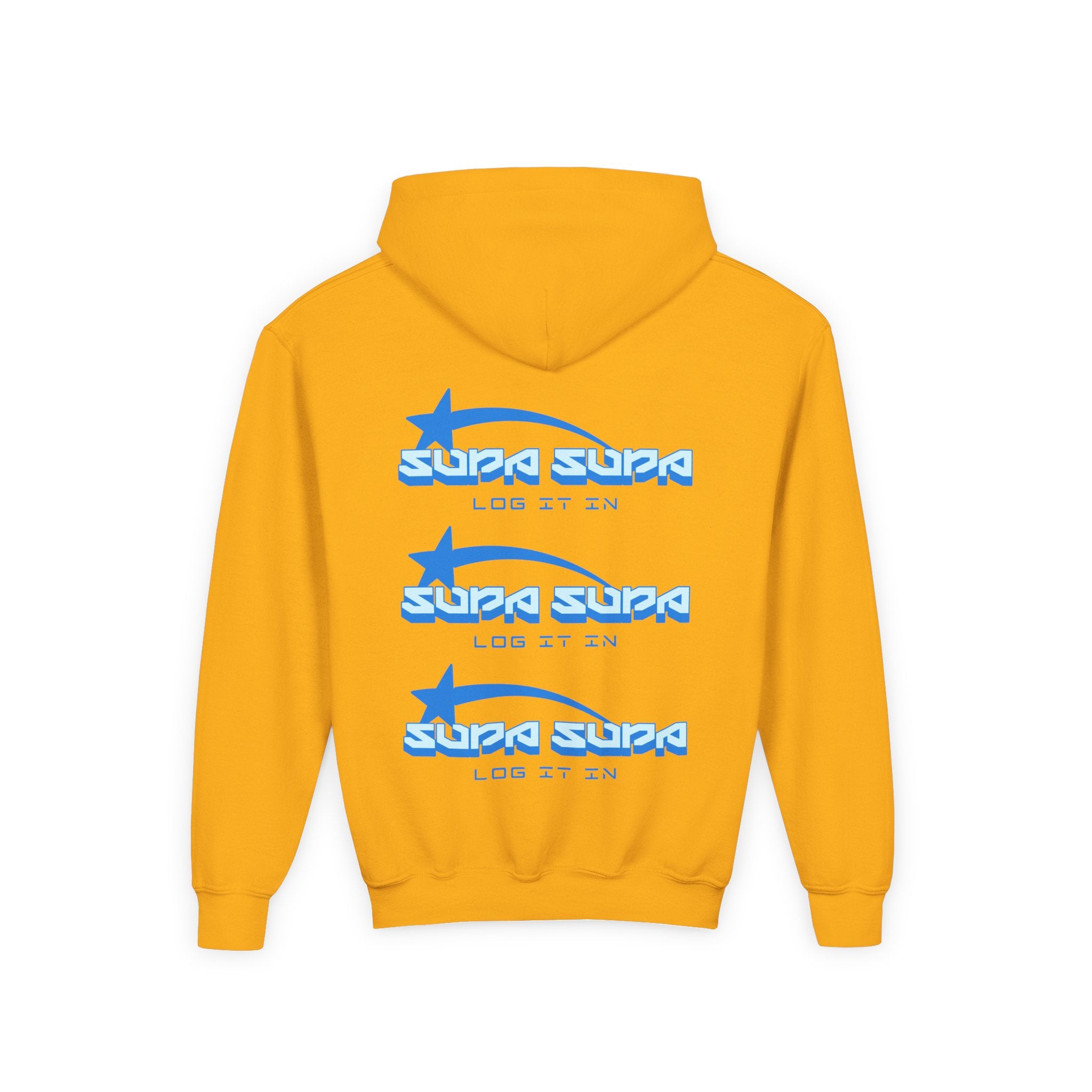 Youth Hoodie - Retro Blue "Supa Supa" Logo "Log It In" Graphic