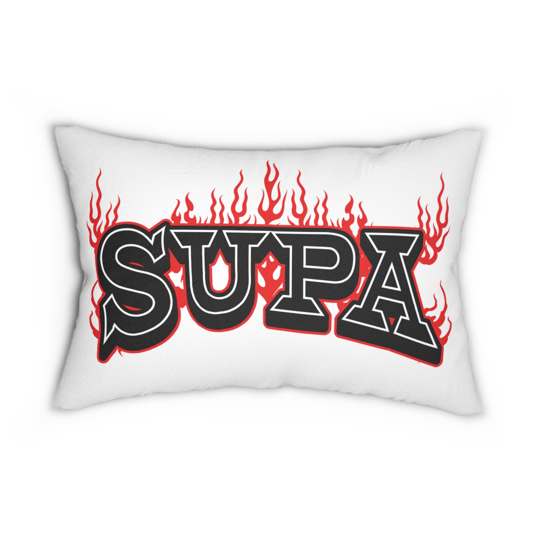 Supa Flame Lumbar Pillow — Retro Bold Typography & Red Flames