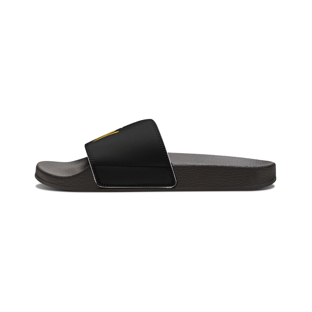 Slide Sandals — Black Straps with Yellow Graffiti "Tell em Log it in" Design