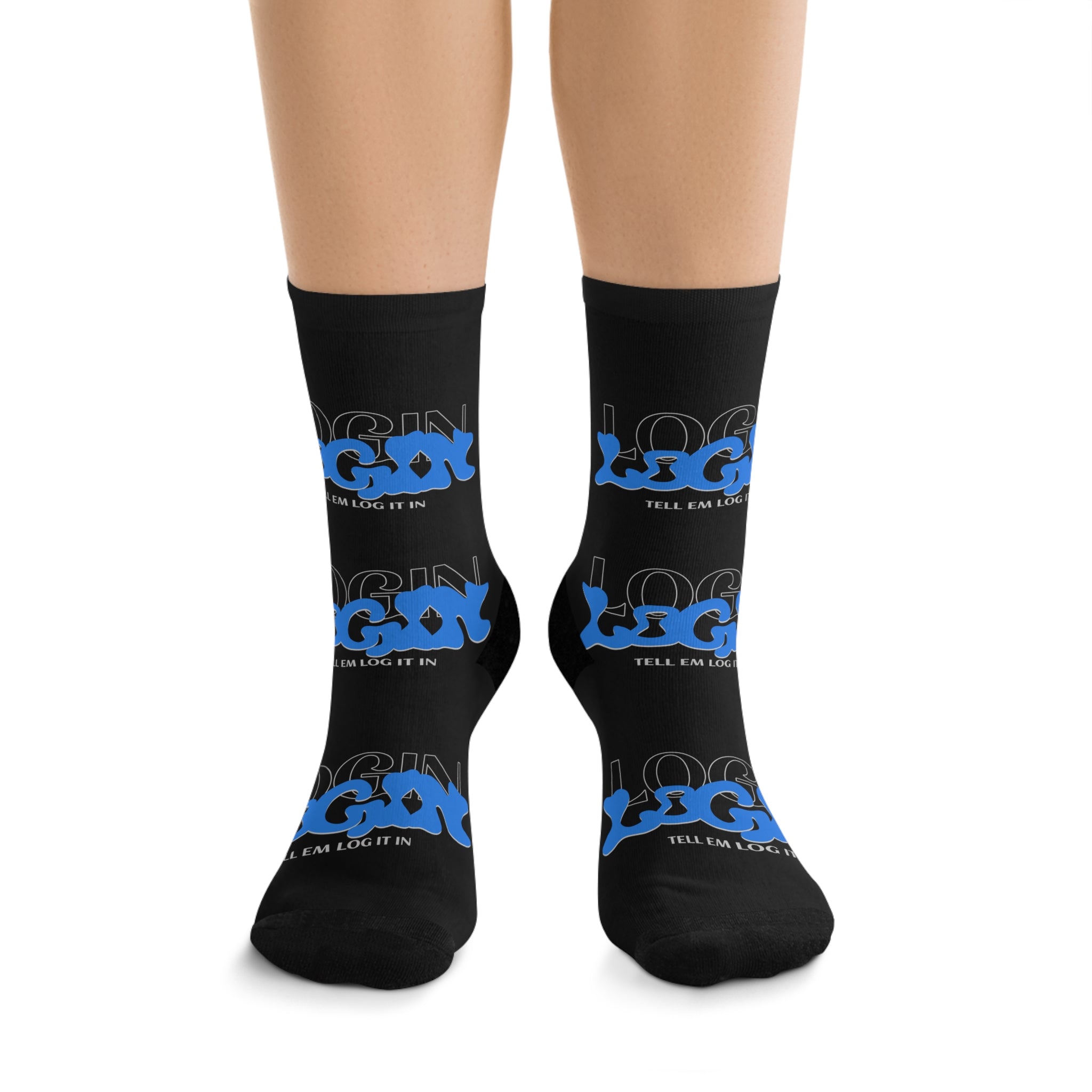 Black Login Poly Crew Socks with Blue Graffiti Logo — Eco-Friendly Streetwear