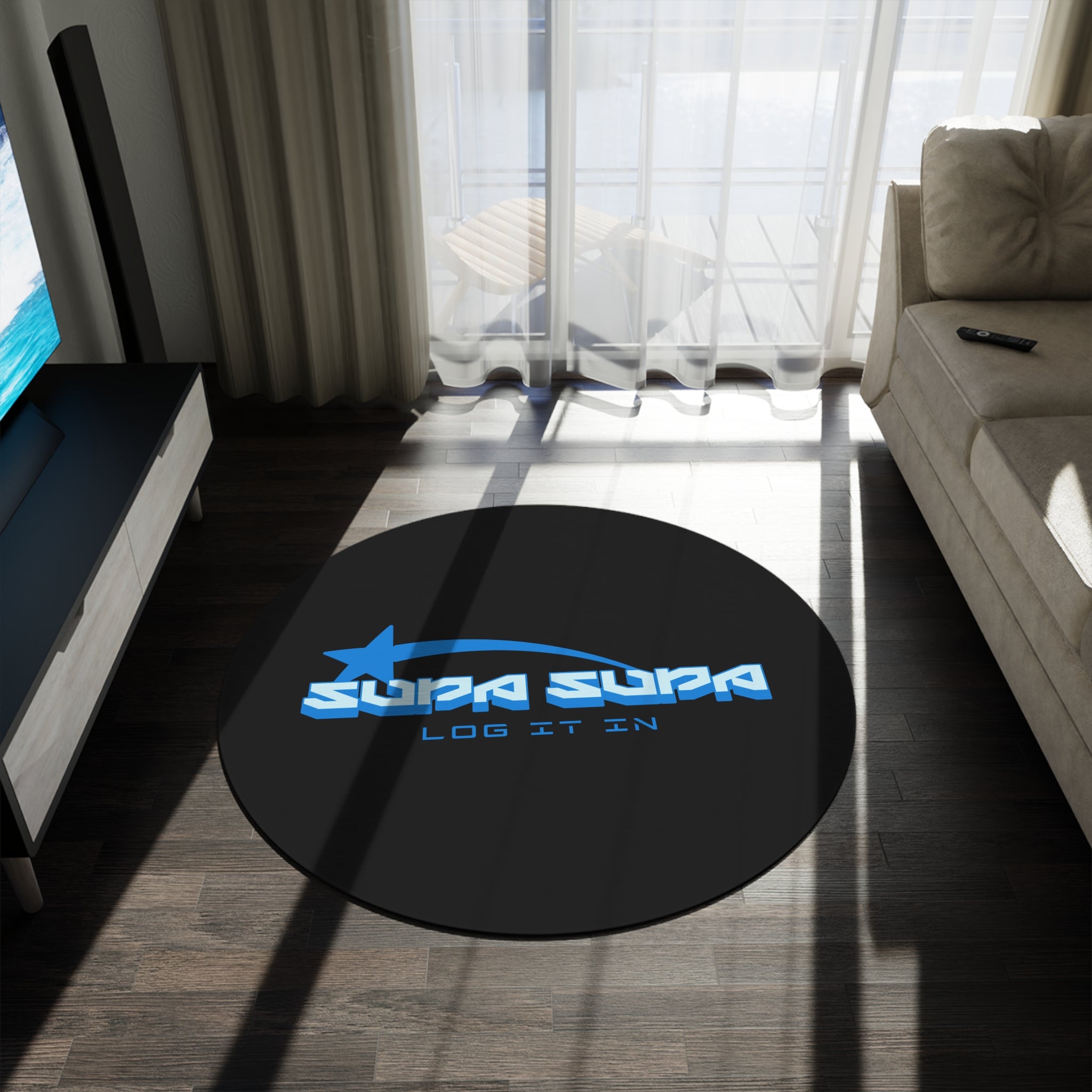 Round Rug — Retro Blue 'SUPA SUPA' Logo Floor Mat (Log It In)