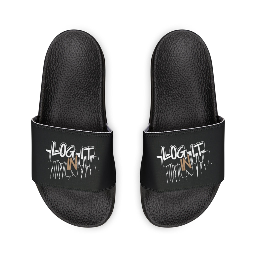 Men's Slide Sandals — Black Log it in-Print Casual Pool & Beach Slides