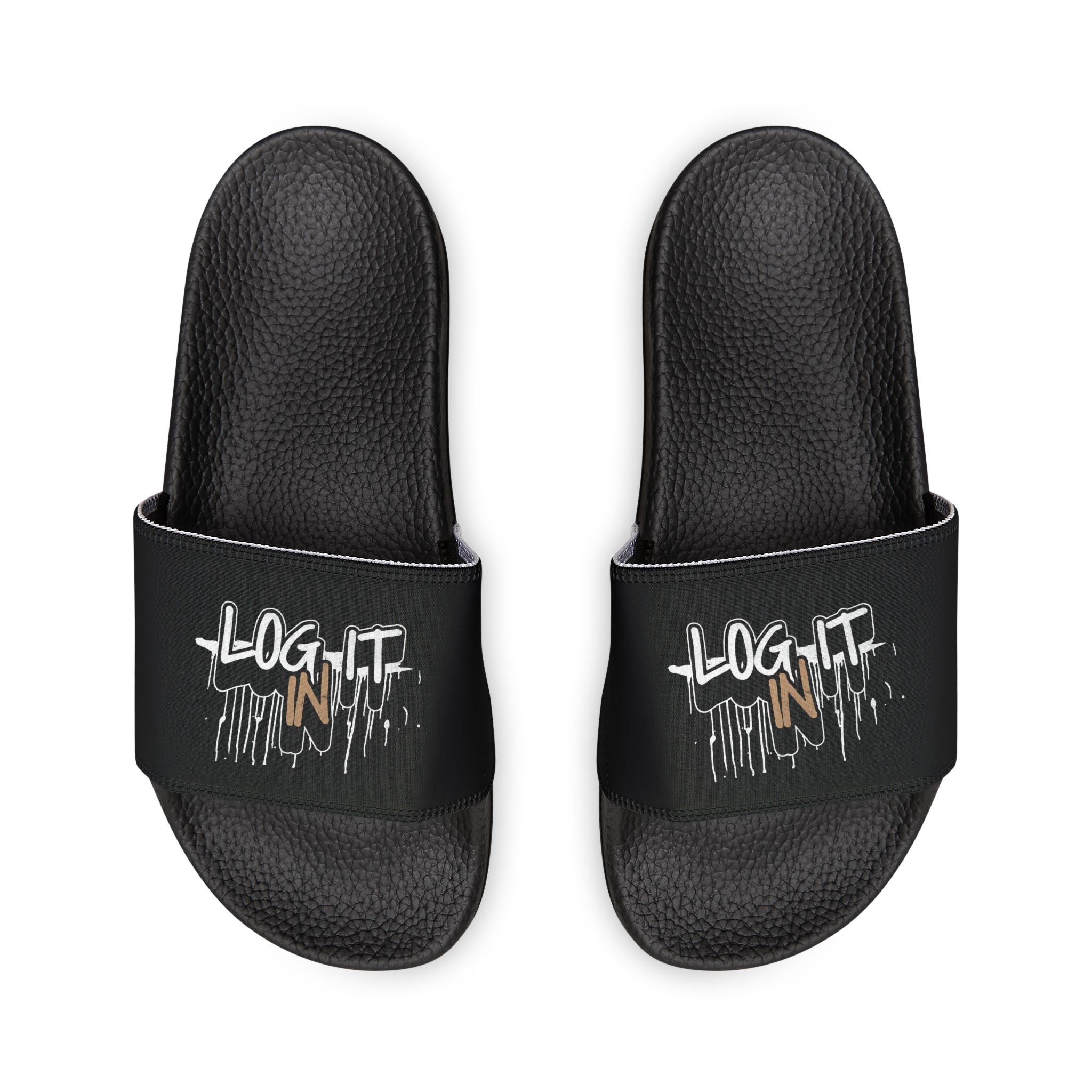 Men's Slide Sandals — Black Log it in-Print Casual Pool & Beach Slides