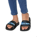 Youth Slide Sandals — Black Strap with Blue “SUPA SUPA” Logo