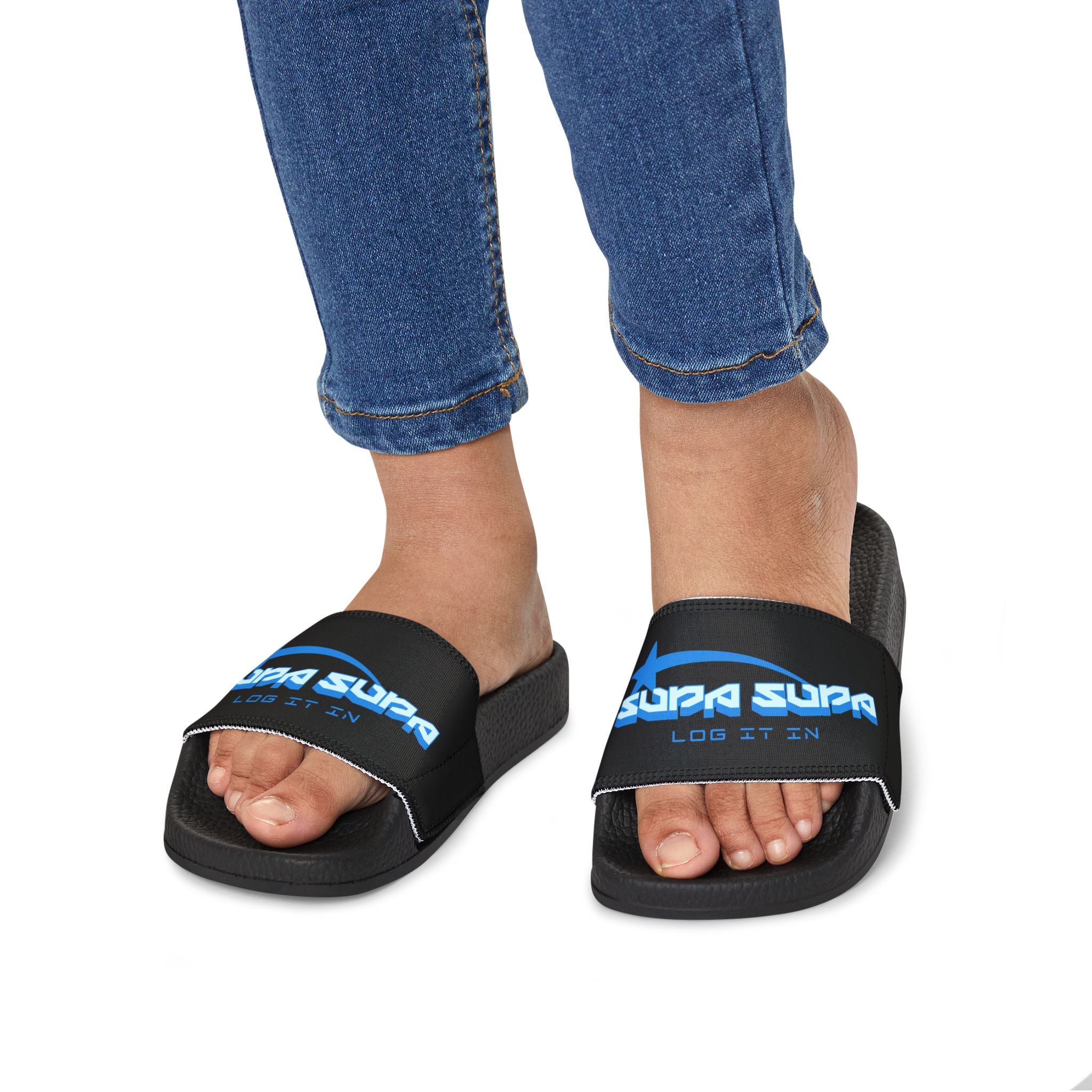 Youth Slide Sandals — Black Strap with Blue “SUPA SUPA” Logo