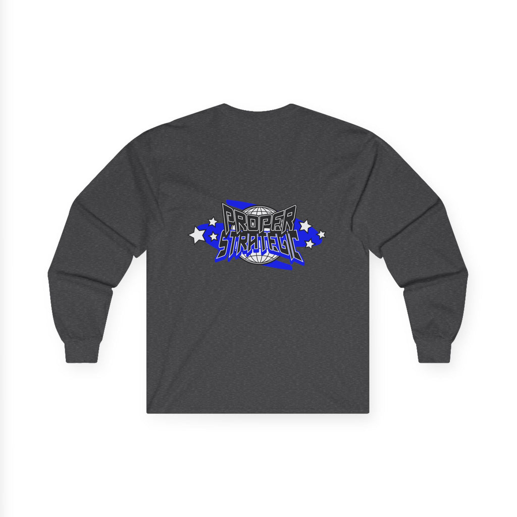 Proper Strategic Long Sleeve Tee — Retro Blue Graphic Shirt for Gamers & Strategists