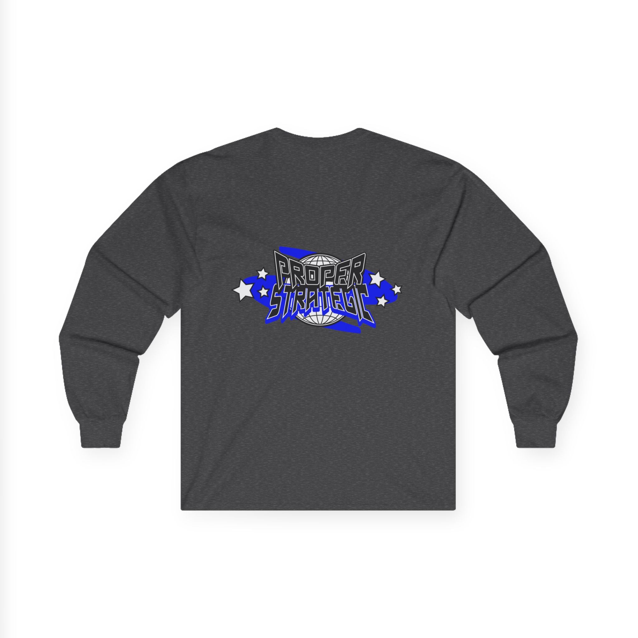Proper Strategic Long Sleeve Tee — Retro Blue Graphic Shirt for Gamers & Strategists
