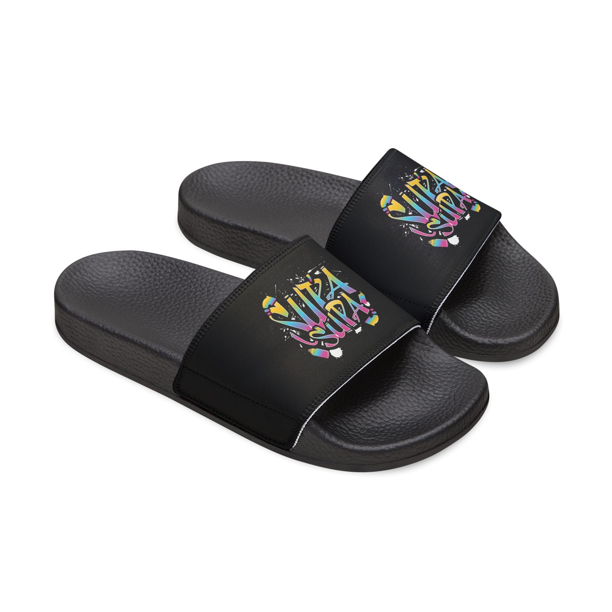 Women’s Slide Sandals with Colorful"SUPA" Graffiti Strap — Removable-Strip Design