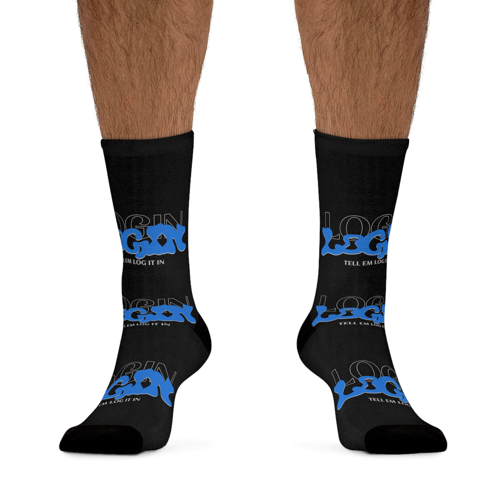 Black Login Poly Crew Socks with Blue Graffiti Logo — Eco-Friendly Streetwear