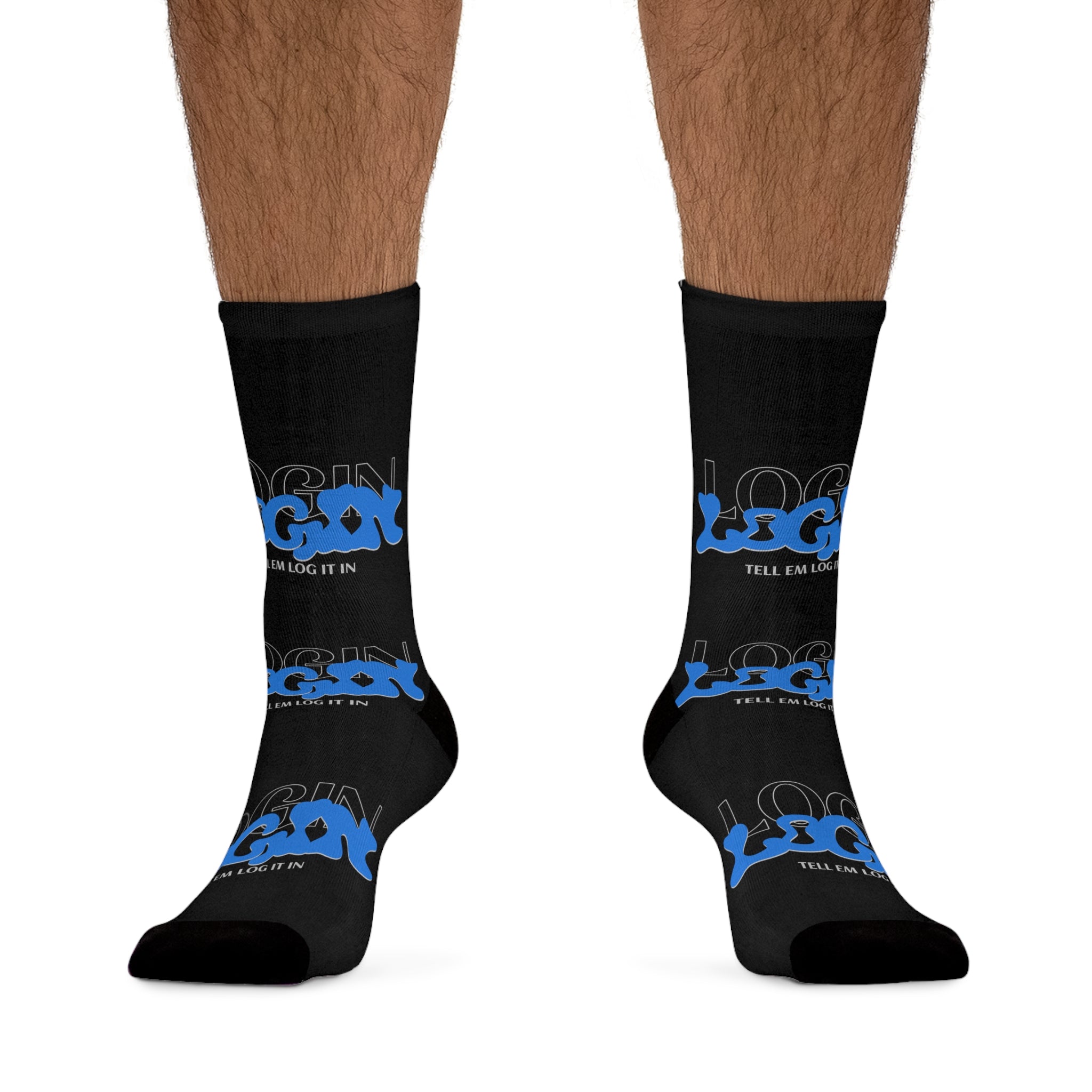 Black Login Poly Crew Socks with Blue Graffiti Logo — Eco-Friendly Streetwear