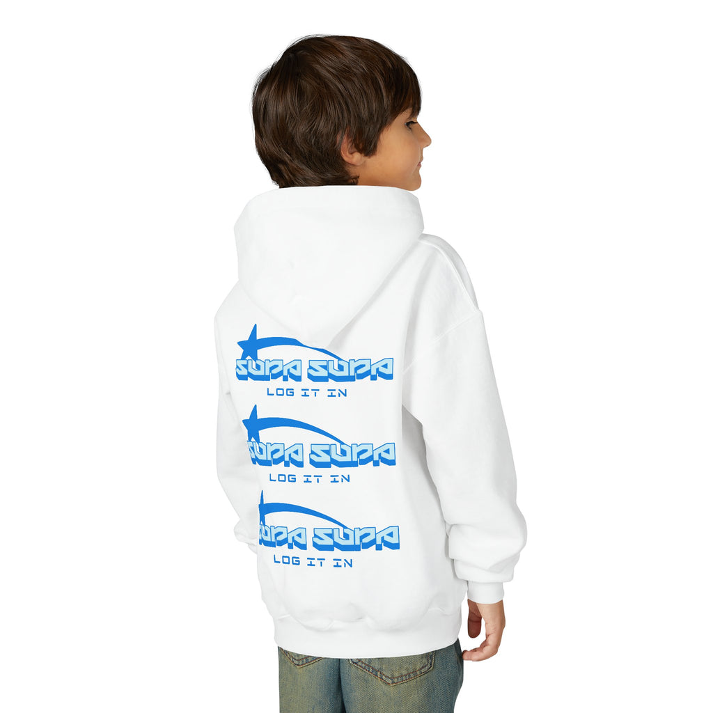 Youth Hoodie - Retro Blue "Supa Supa" Logo "Log It In" Graphic