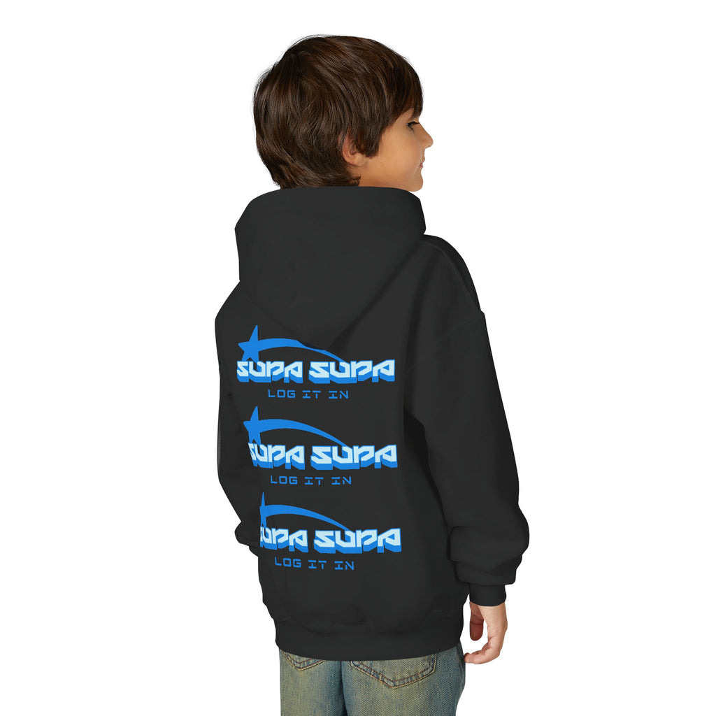 Youth Hoodie - Retro Blue "Supa Supa" Logo "Log It In" Graphic