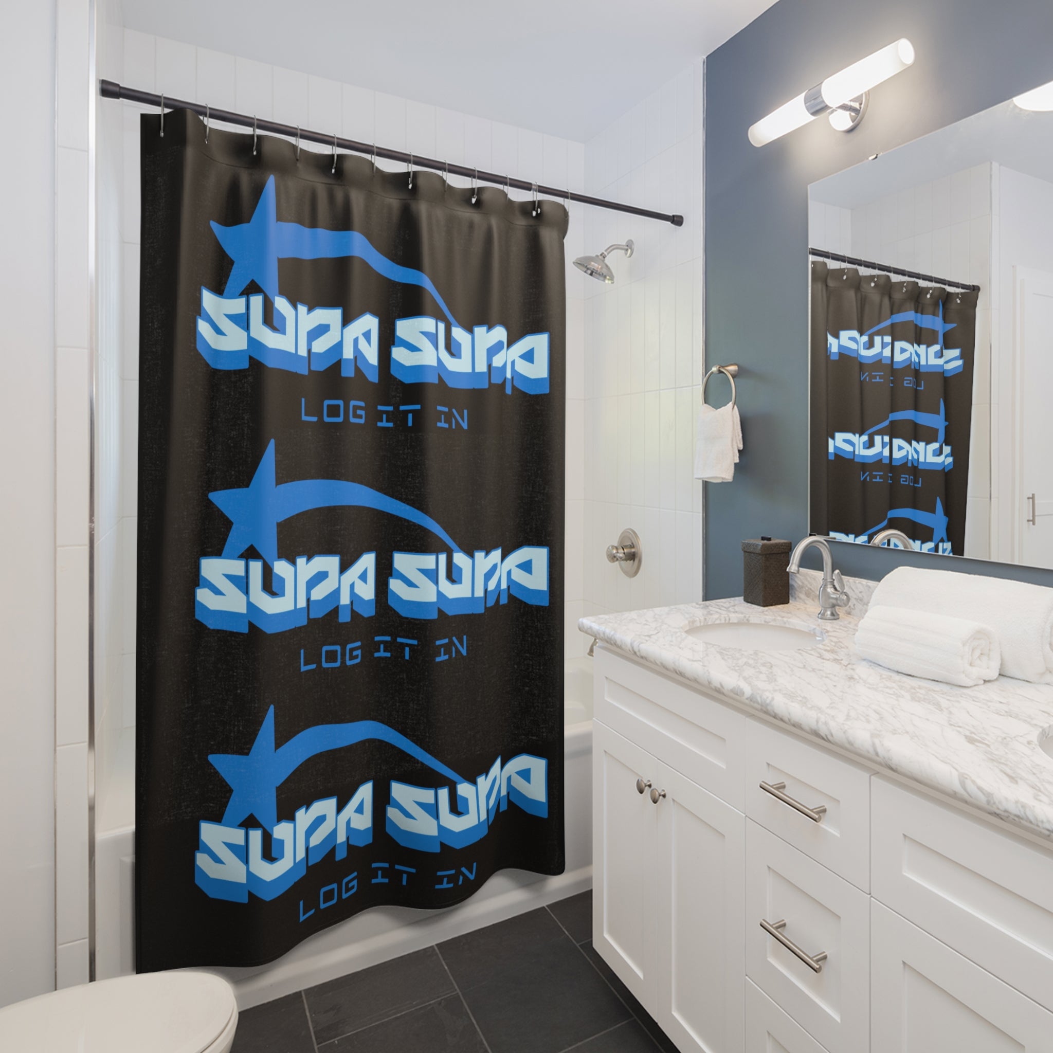 Supa Supa 'Log It In' Graphic Shower Curtain — Blue Retro Gamer Bathroom Decor