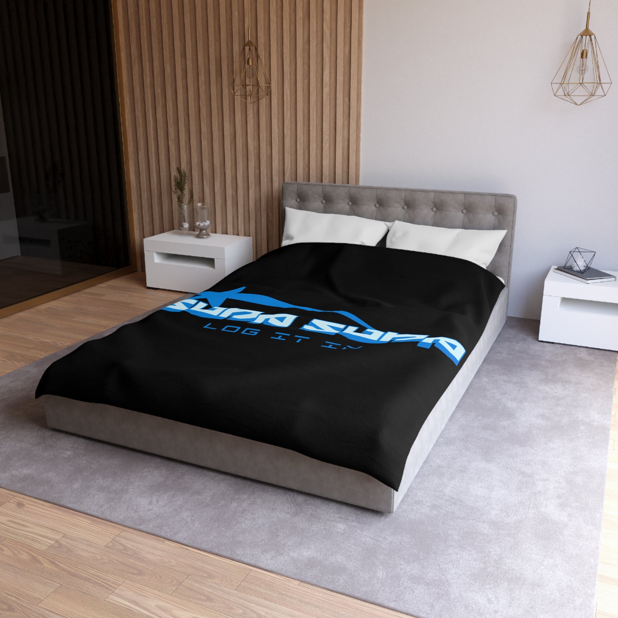 Duvet Cover — Black 'Supa Supa Log It In' Graphic Microfiber Bedding
