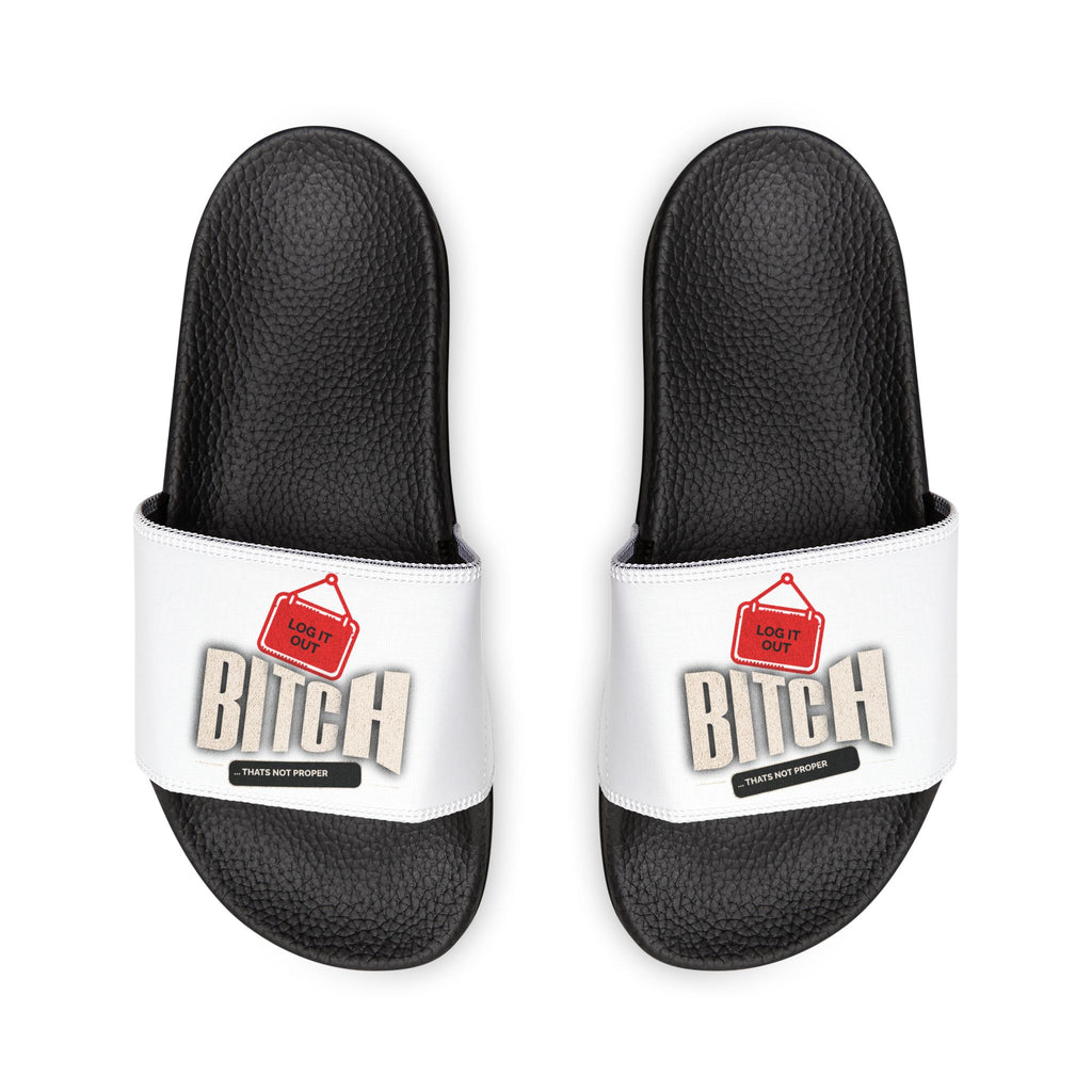 Mens Slide Sandals — White ‘Log it out’ Bold Graphic Strap Slides
