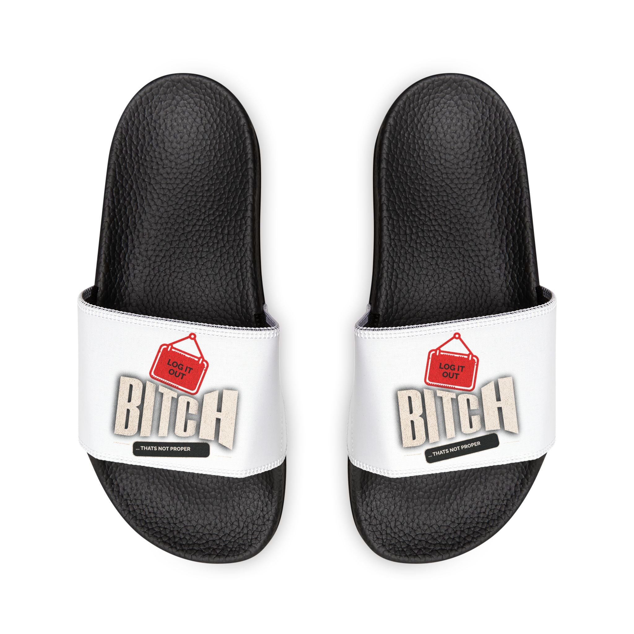Mens Slide Sandals — White ‘Log it out’ Bold Graphic Strap Slides