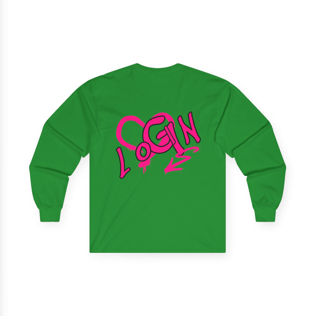 Long Sleeve Tee — Pink Graffiti "LOGIN" Heart Design