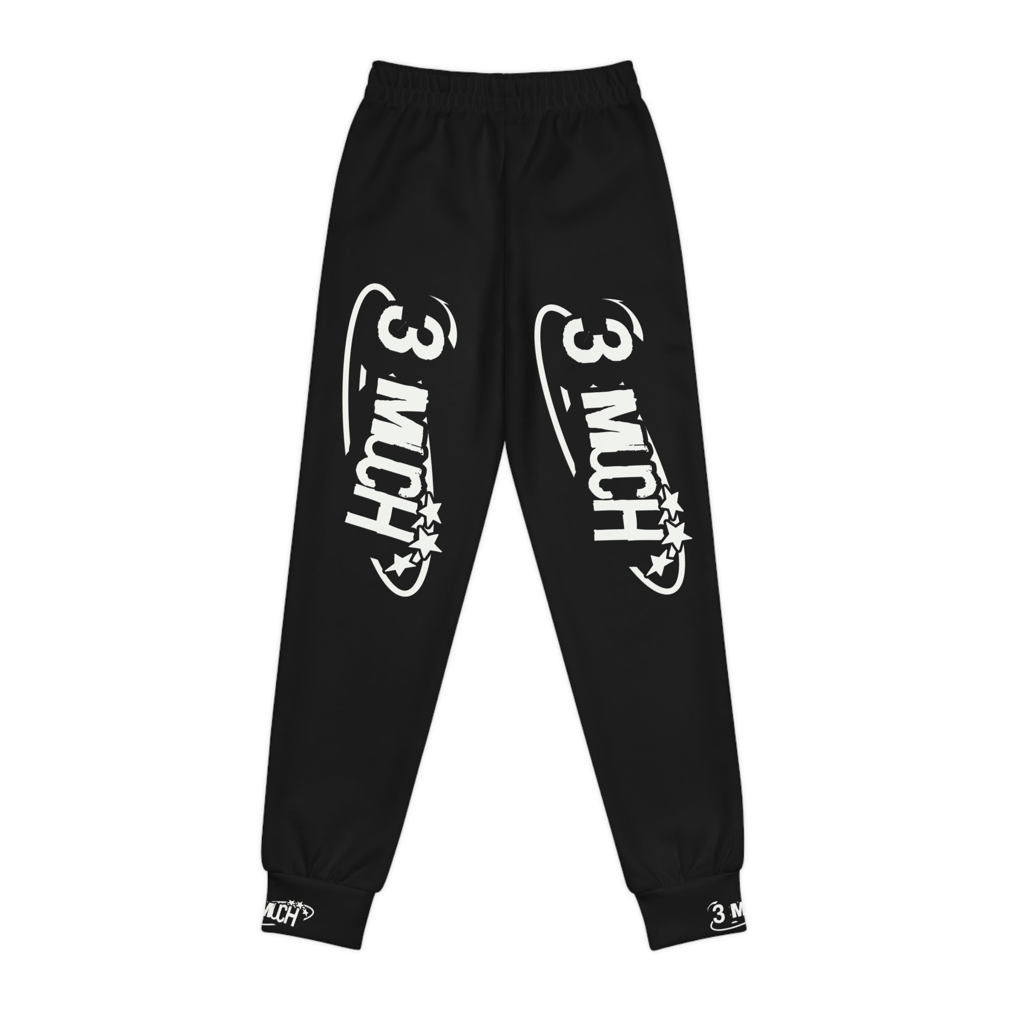 Youth Joggers — Black “3 MUCH” Graphic Sweatpants for Kids
