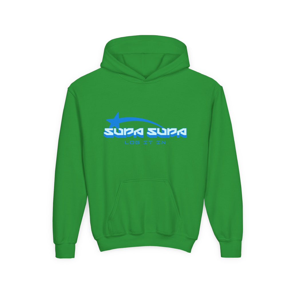 Youth Hoodie - Retro Blue "Supa Supa" Logo "Log It In" Graphic
