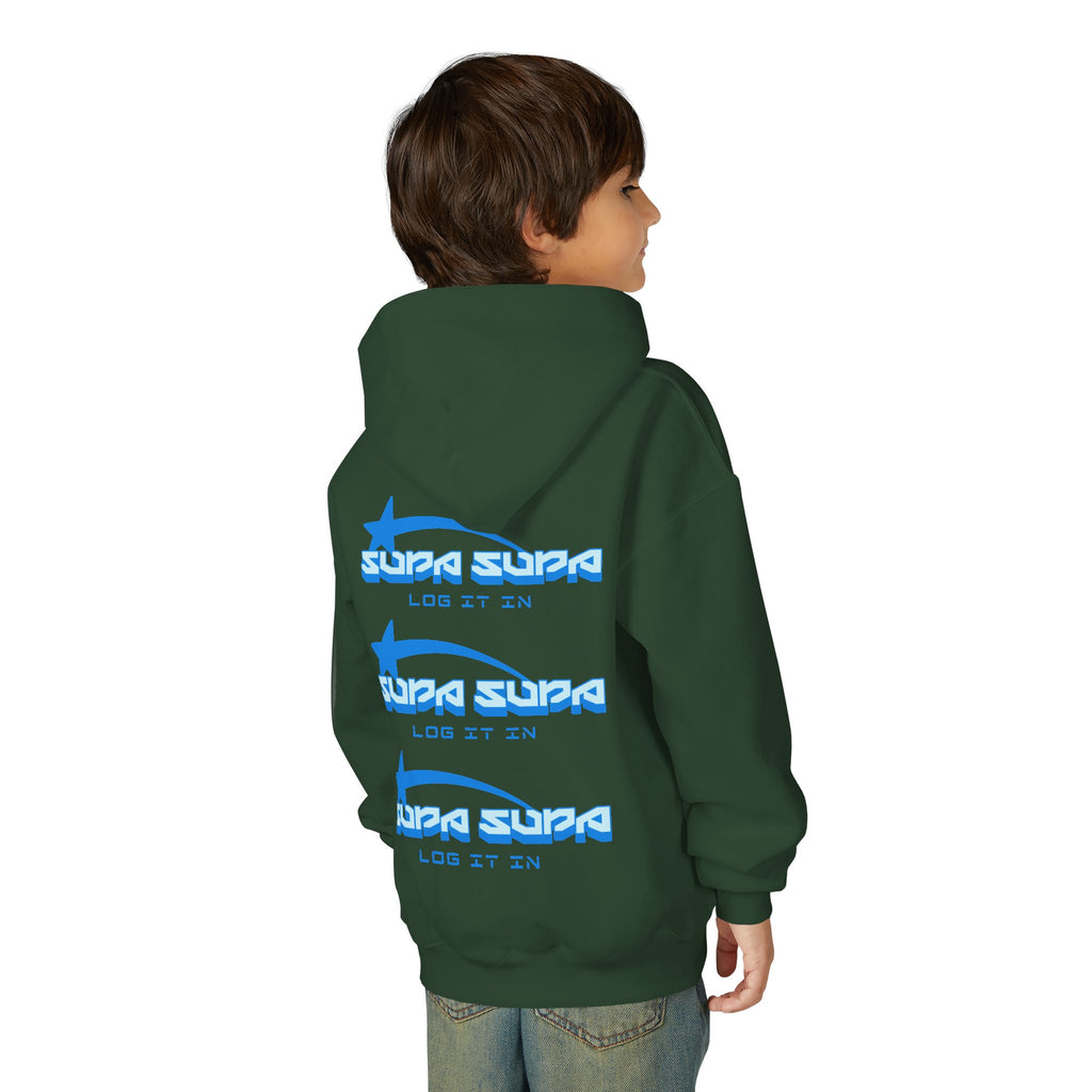 Youth Hoodie - Retro Blue "Supa Supa" Logo "Log It In" Graphic