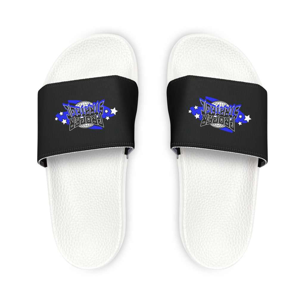 Women’s Black Strap Slides with 'Strategic' Graphic – Removable Strap Sandals