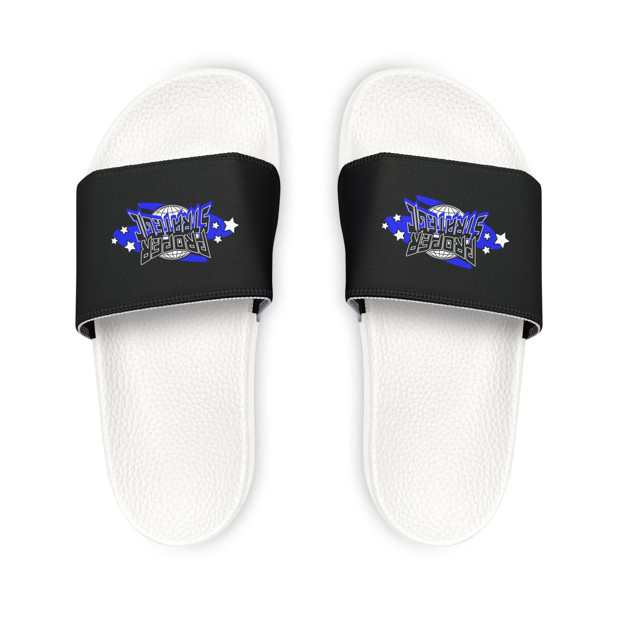 Women’s Black Strap Slides with 'Strategic' Graphic – Removable Strap Sandals