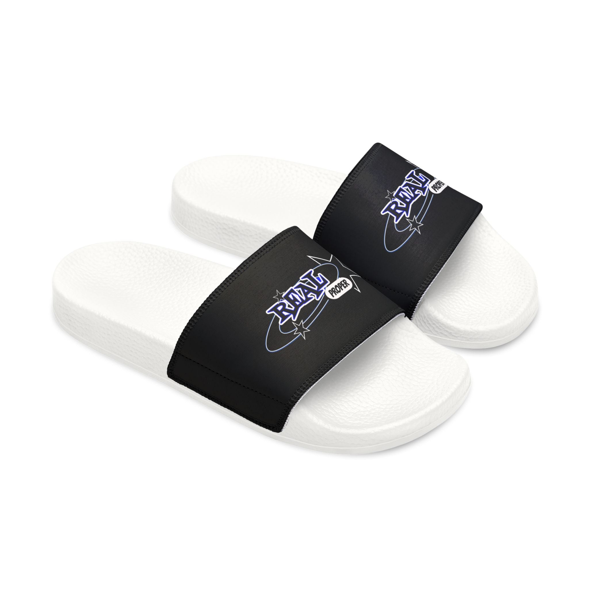 Youth Slide Sandals — Black Removable-Strap Slides with 'Real Proper' Graphic