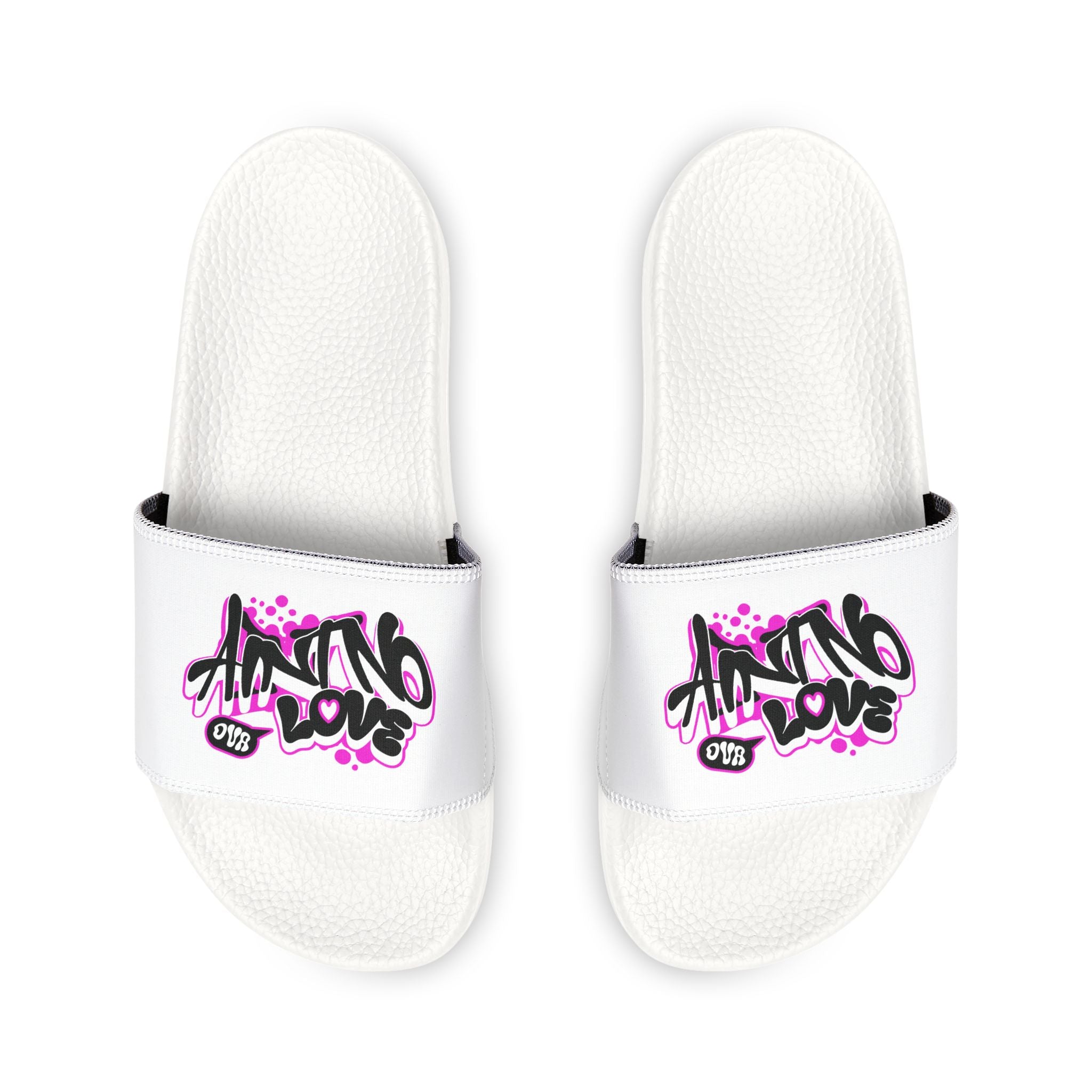 Men's White Slide Sandals with "NO LOVE" Graffiti "Ain't No Love" Design