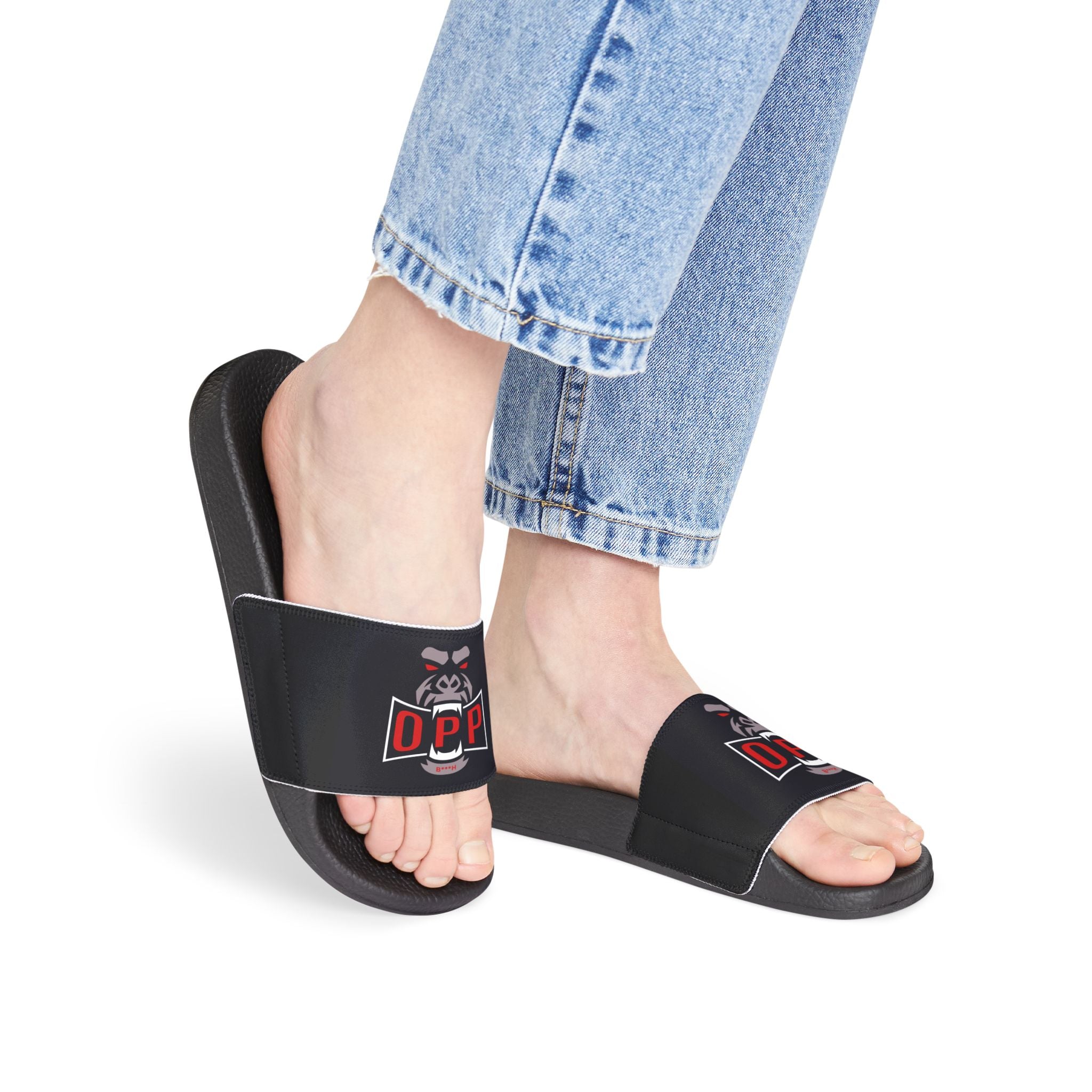 Women's Slide Sandals — Black Strap with 'Opp' Logo Graphic