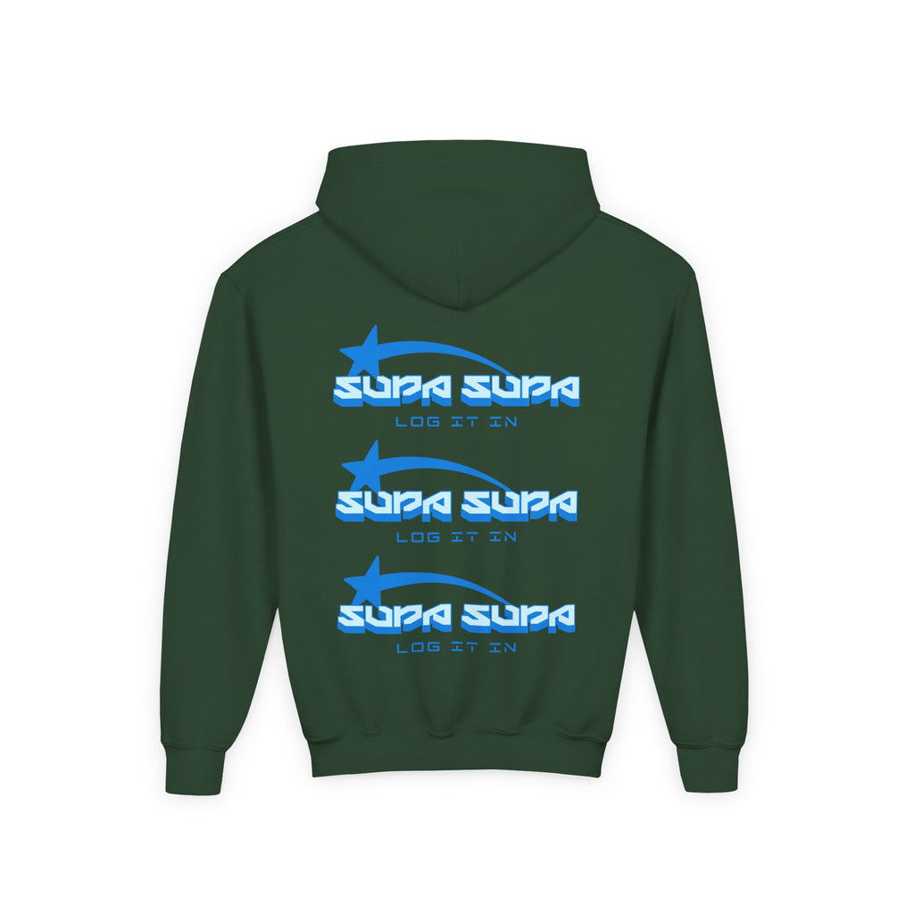 Youth Hoodie - Retro Blue "Supa Supa" Logo "Log It In" Graphic