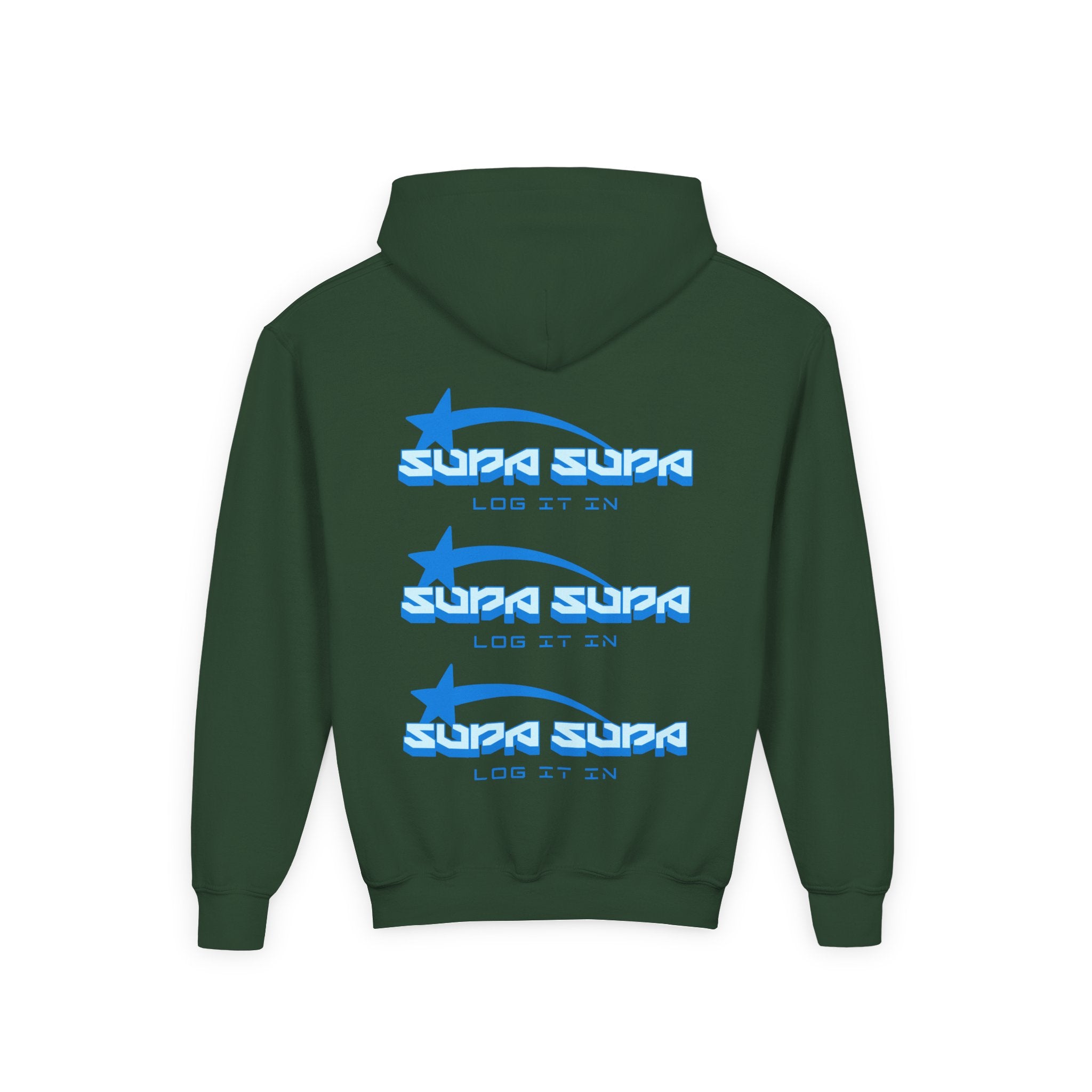 Youth Hoodie - Retro Blue "Supa Supa" Logo "Log It In" Graphic