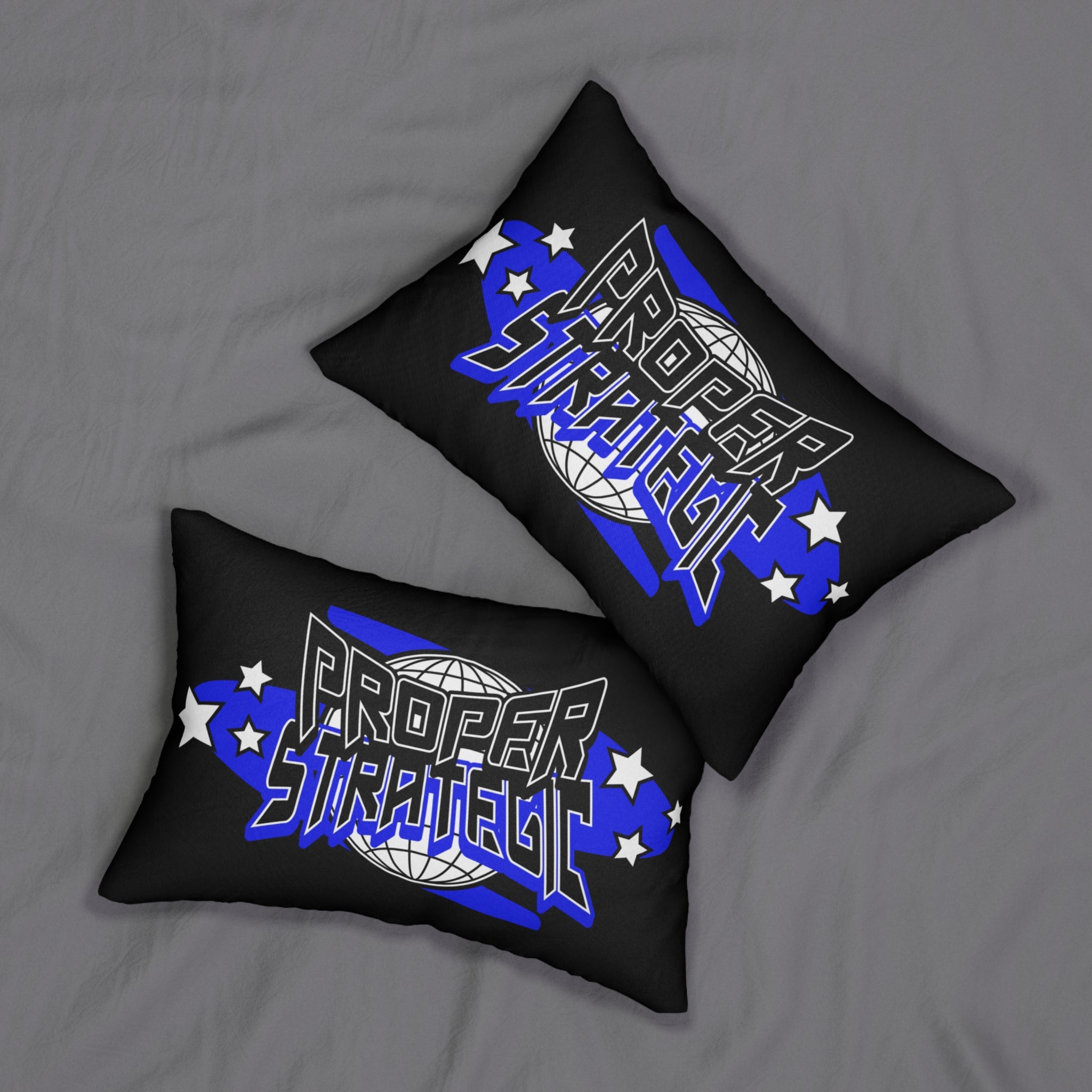 Lumbar Pillow — 'Proper Strategic' Retro Globe Graphic, Blue Stars Accent