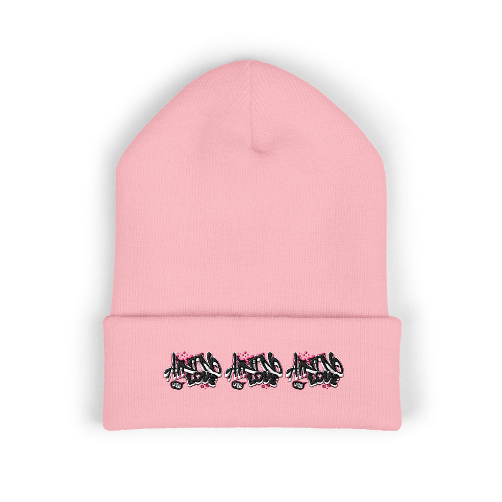 Embroidered Floral Beanie — "NO LOVE" Cuffed Knit Hat