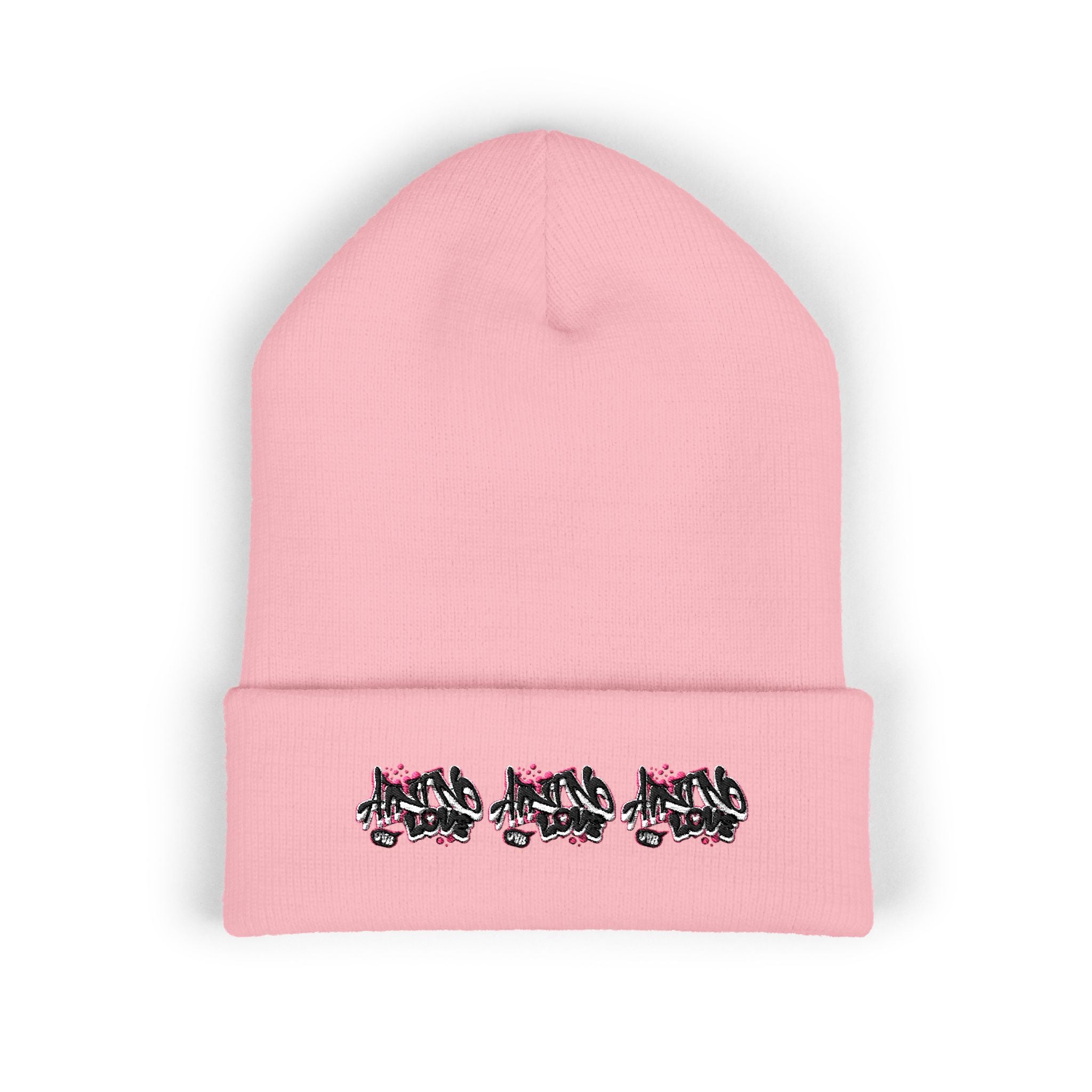 Embroidered Floral Beanie — "NO LOVE" Cuffed Knit Hat