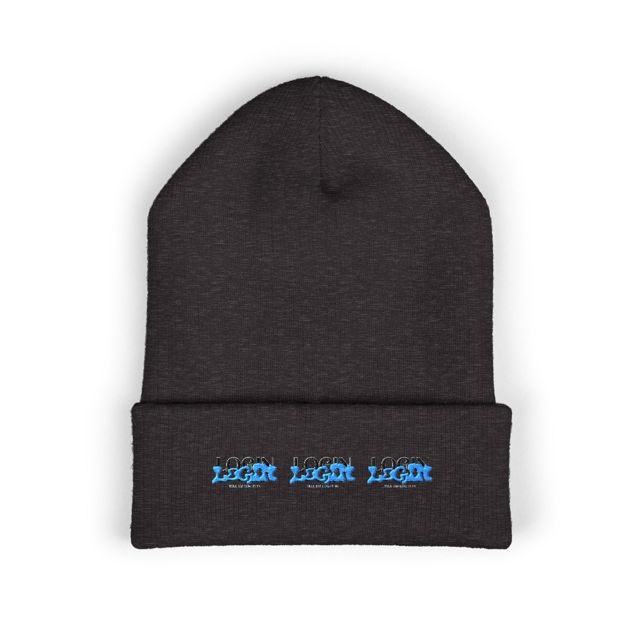Embroidered 'Login' Cuffed Beanie — Minimal Winter Knit Hat