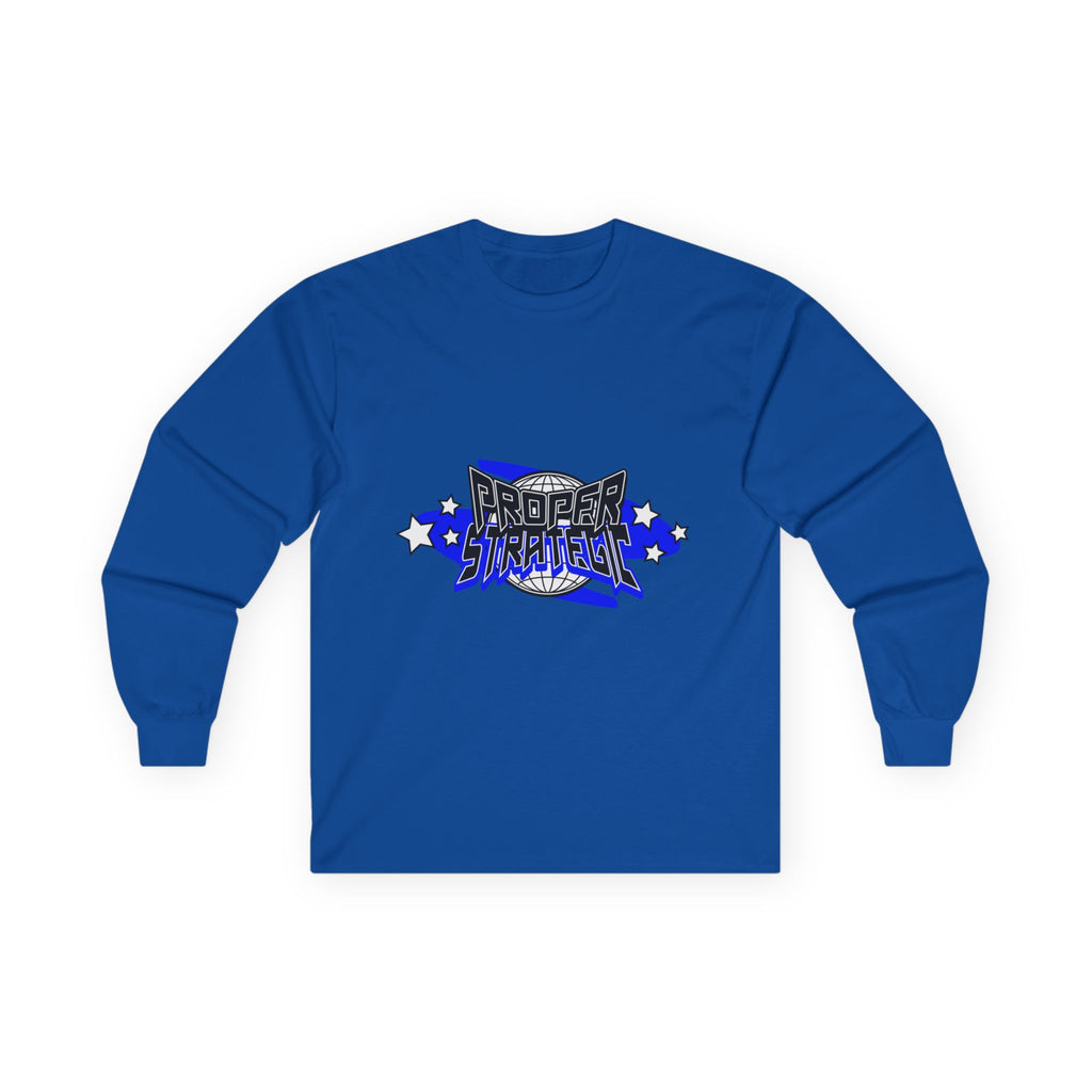 Proper Strategic Long Sleeve Tee — Retro Blue Graphic Shirt for Gamers & Strategists